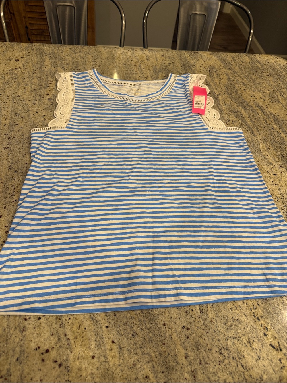Lilly Pulitzer Blue & White Striped Sleeveless Agee Top with Lace Trim, size L.